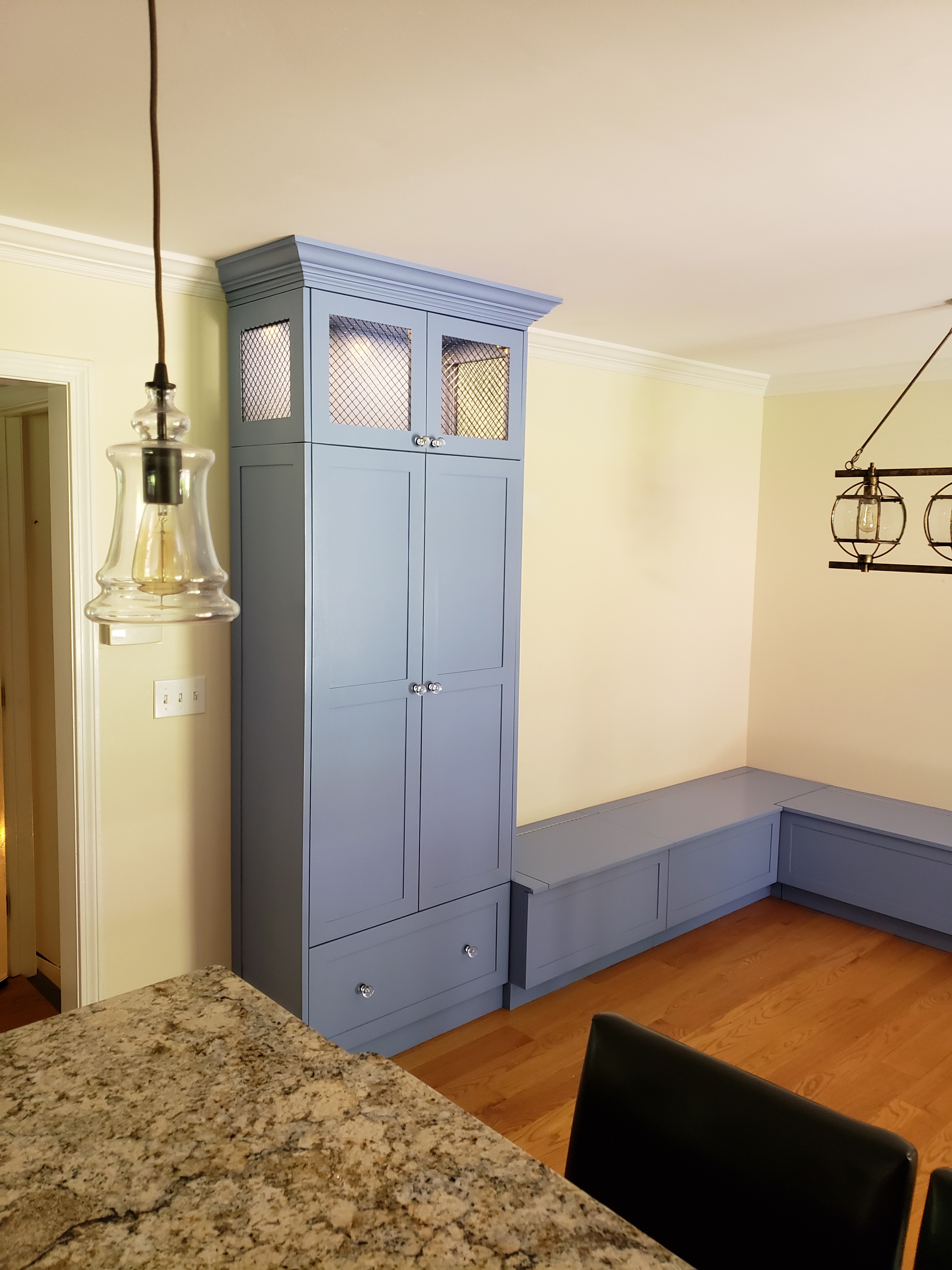 Steel Blue Banquette and storage unit