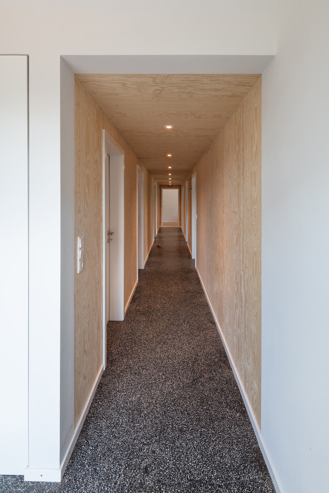 This is an example of a large scandinavian hallway in Hamburg with brown walls, terrazzo floors and black floor.