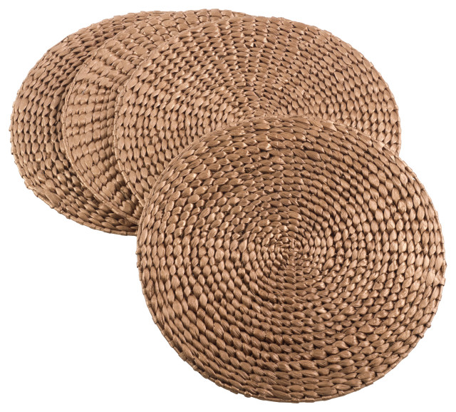 Natural Water Hyacinth Round Hand Woven Rattan Placemat, Set of 4, Gold