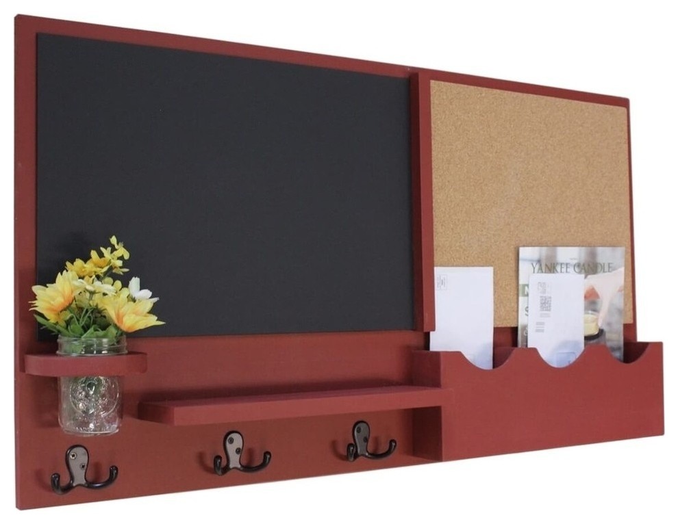 Message Center With 2 Mail Slots, Chalkboard, Corkboard, Coat Hooks/Mason Jar