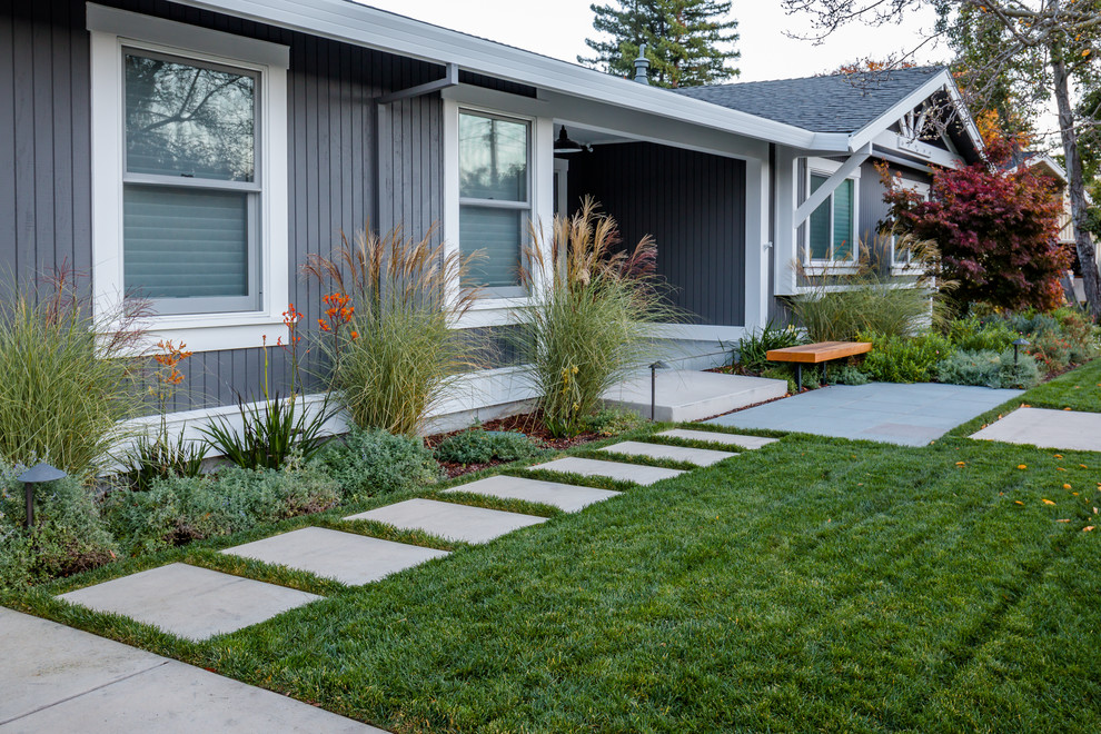 Inspiration for a mid-sized modern front yard full sun driveway for summer in San Francisco with a garden path and concrete pavers.