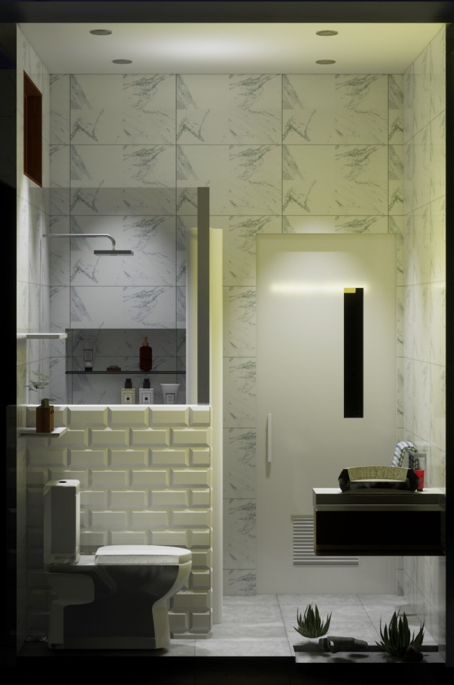 Свежая идея для дизайна: маленькая ванная комната в стиле модернизм с плоскими фасадами, белыми фасадами, угловым душем, биде, черно-белой плиткой, керамической плиткой, белыми стенами, полом из керамической плитки, душевой кабиной, накладной раковиной, столешницей из гранита, серым полом, шторкой для ванной, белой столешницей, тумбой под одну раковину, встроенной тумбой и кессонным потолком для на участке и в саду - отличное фото интерьера