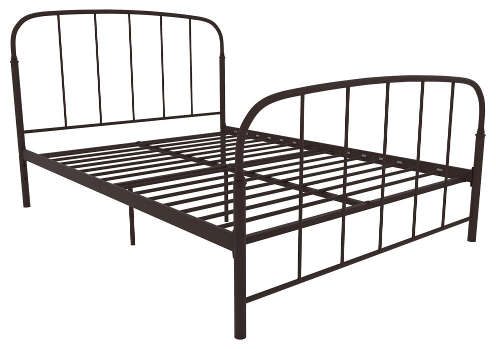 Vintage Platform Bed, Bronze Metal Frame With Rounded Slatted Headboard