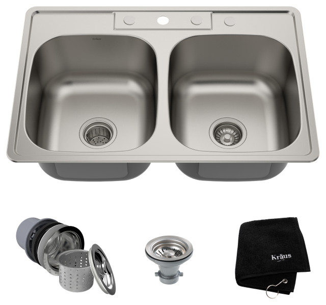 33" Drop-In Topmount Stainless Steel 2-Bowl 18 Gauge Kitchen Sink, 50/50 split