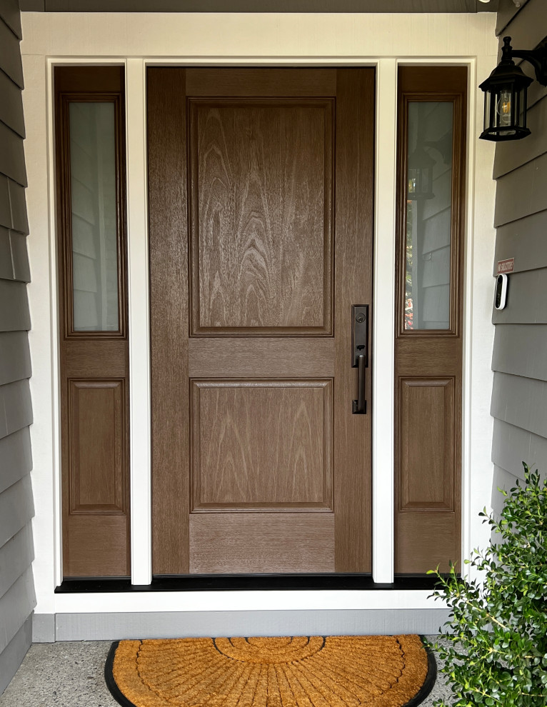 Modelo de puerta principal minimalista de tamaño medio con suelo de cemento, puerta simple, puerta de madera oscura y machihembrado