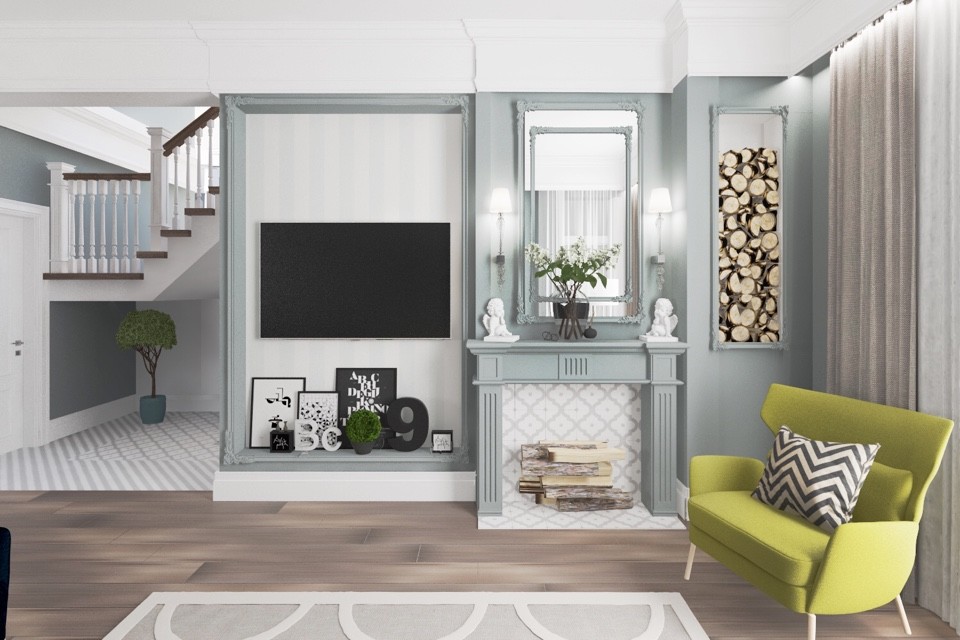 Дизайн гостиной и ванной комнаты в коттедже (Тополиная роща)