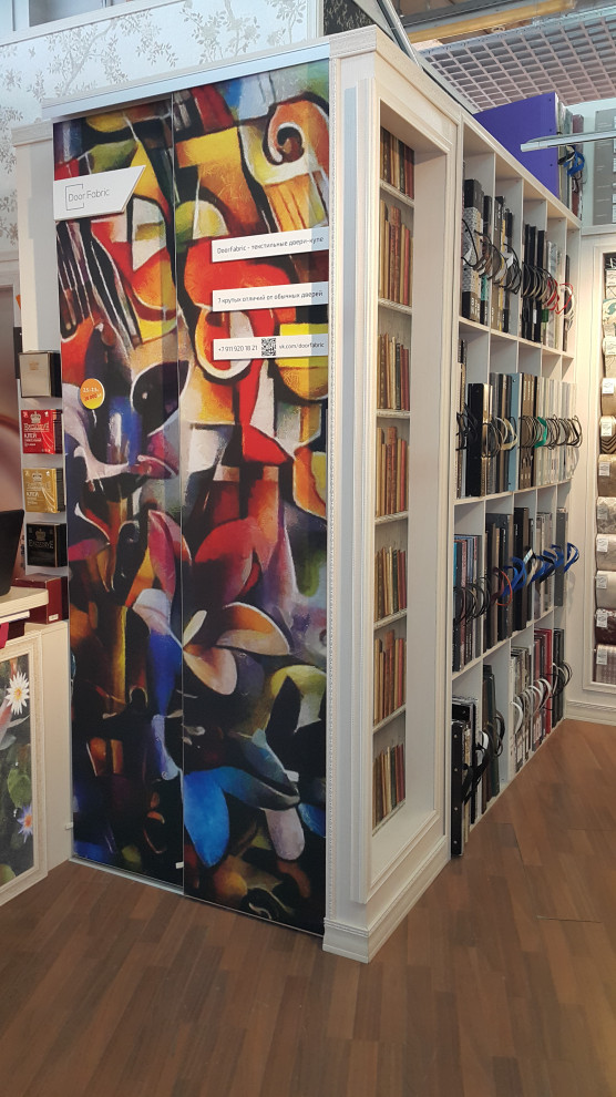 Текстильные двери-купе для выставки в ТЦ Мебель Вуд