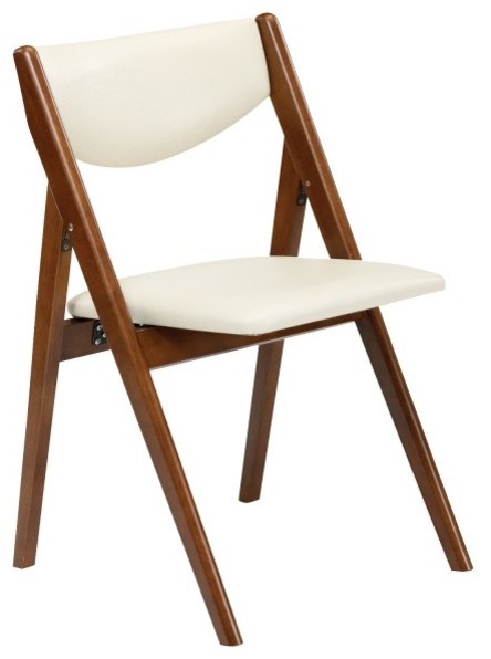 Comfort Folding Chair, Off White Vinyl/ Fruitwood Frame