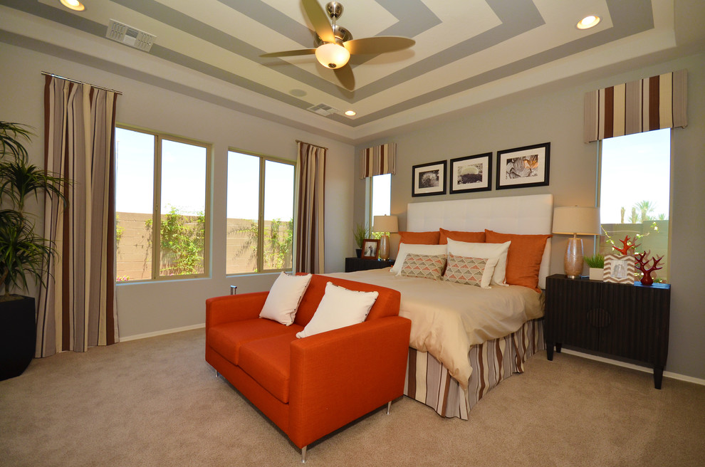 Photo of a large contemporary master bedroom in Phoenix with grey walls and carpet.