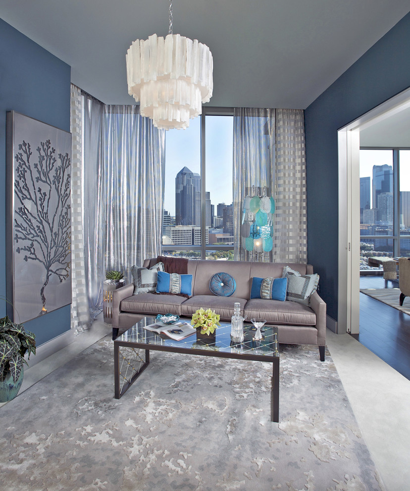 Design ideas for a contemporary living room in Dallas with blue walls.