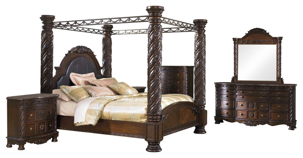 Ashley North Shore 6 Piece Bedroom Set Eastern King Poster Canopy Brown