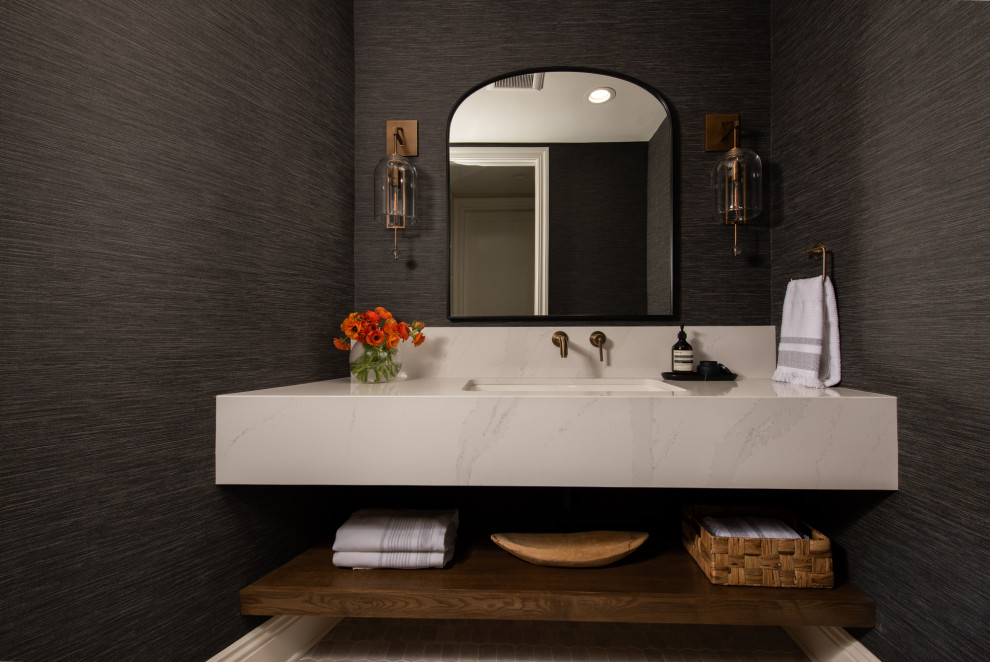 Design ideas for a small modern powder room in Orange County with open cabinets, black walls, porcelain floors, an undermount sink, engineered quartz benchtops, beige floor, white benchtops and a floating vanity.