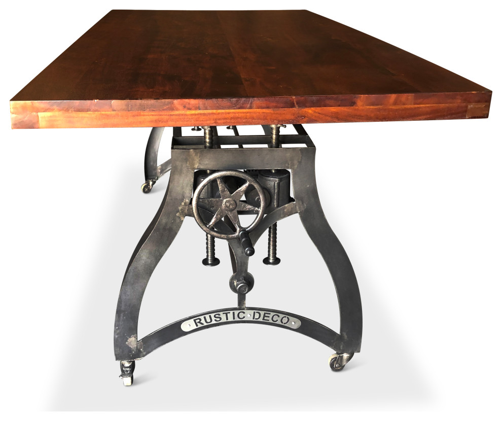 Industrial Dining Table Adjustable Crank Iron Base Casters