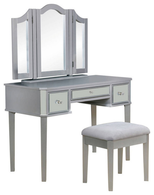 Wooden Vanity with Stool with 3 Drawers, Silver