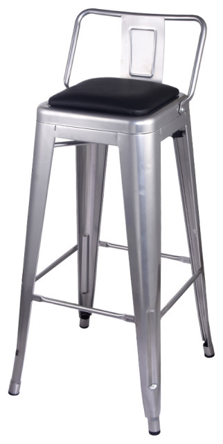 Metal Silver Bar Stools With Lowback Vegan Leather Seat, Set of 1 ...