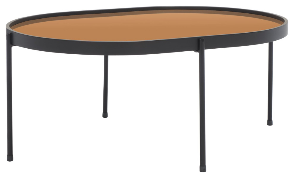 Contemporary Coffee Table, Matte Black Metal Frame With Rose Gold Tray