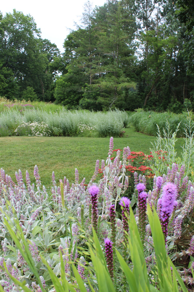 Imagen de jardín de secano rural extra grande en verano en patio delantero con parterre de flores, exposición total al sol, adoquines de piedra natural y con piedra
