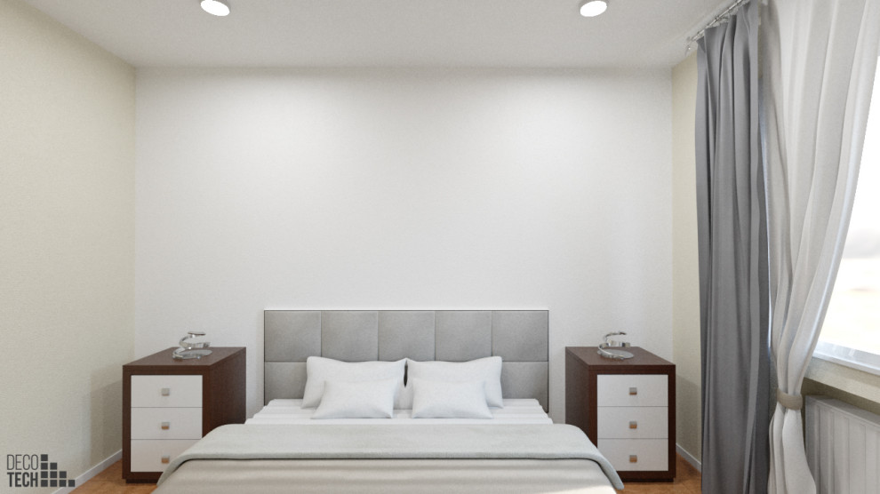 Modelo de habitación de invitados contemporánea pequeña con paredes blancas