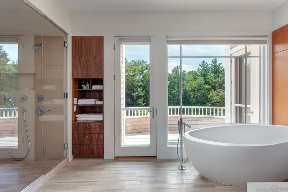 Transitional bathroom in Bridgeport with a freestanding tub.