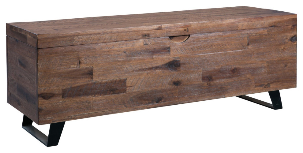 46 Inch Wooden Storage Trunk with Angled Sled Legs, Brown and Black