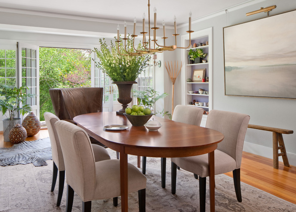 Inspiration for a country dining room in Providence with grey walls and light hardwood floors.