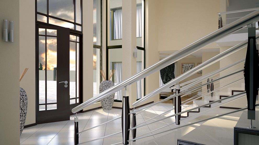 Example of a mid-sized trendy porcelain tile front door design with beige walls and a glass front door