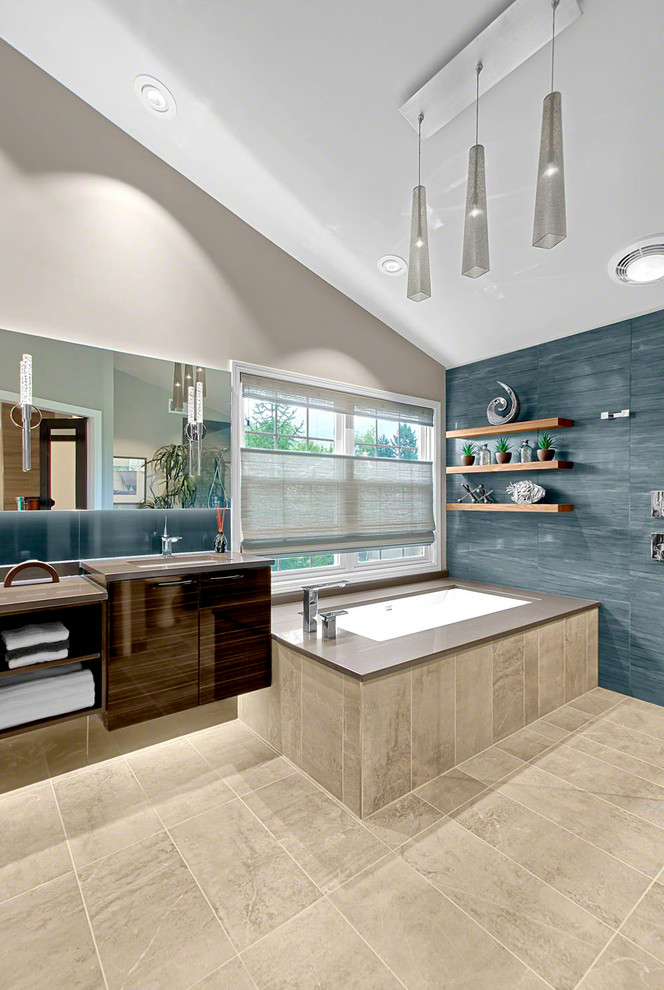 Design ideas for a large midcentury master bathroom in Chicago with flat-panel cabinets, dark wood cabinets, engineered quartz benchtops, gray tile, ceramic tile, an undermount tub, a corner shower, a one-piece toilet, an undermount sink, beige walls and ceramic floors.