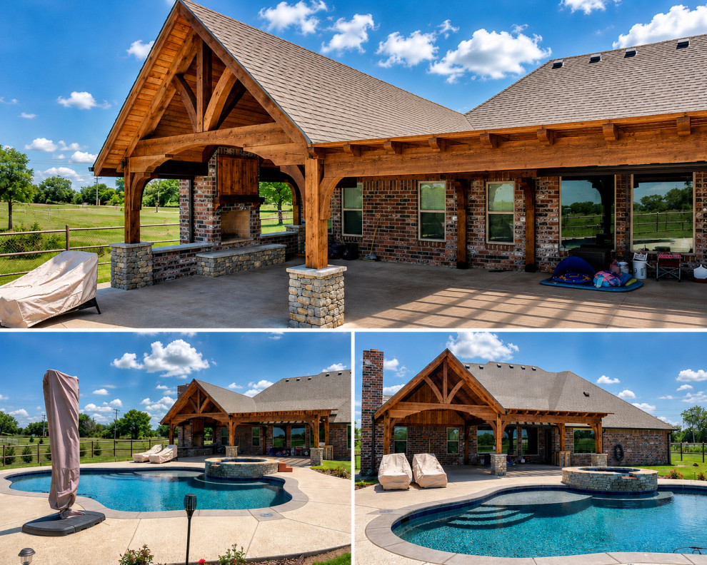 Pavilion tied in with attached pergola fire place and seat walls