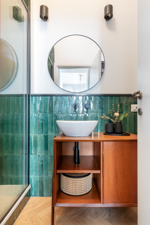 Green Small Bathroom Backsplash with Wooden Vanity and Herringbone Flooring