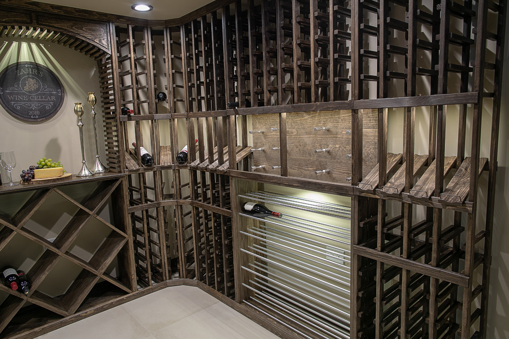 Inspiration for a mid-sized traditional wine cellar in Chicago with storage racks.