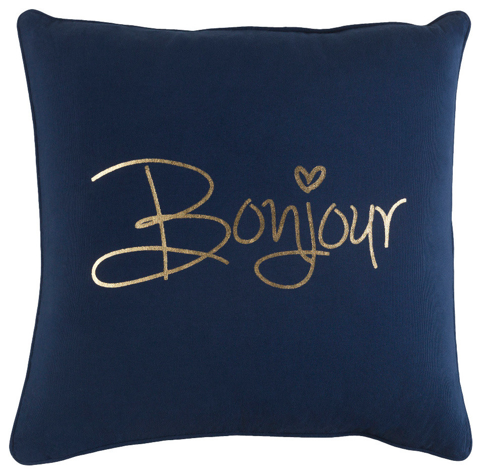 Transitional Cotton Navy and Metallic Gold Accent Pillow, 18  x18