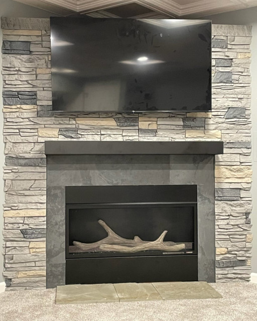 Northern Slate Stacked Stone TV and Fireplace Wall Living Room