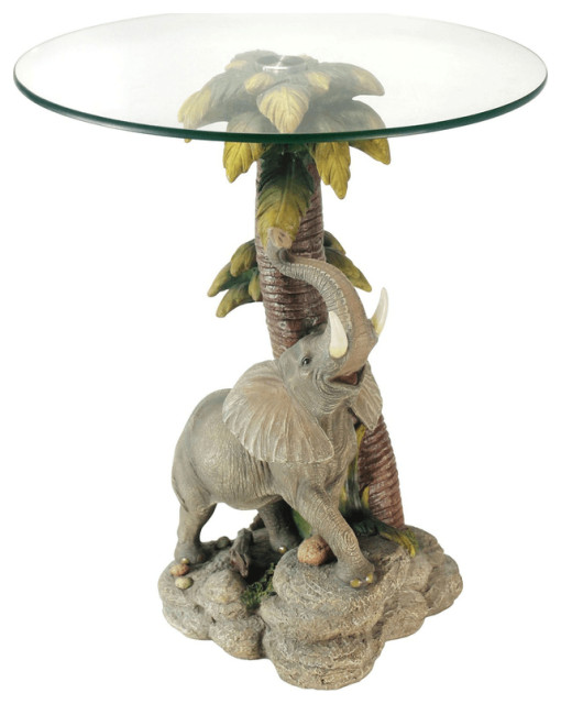 24" Brown And Clear Glass Elephant Round End Table