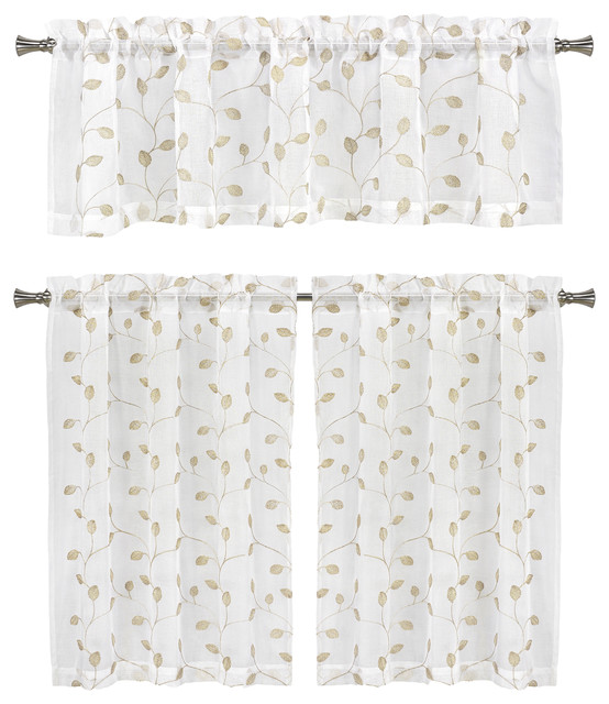Sheer Window Curtains 3 Piece Set Embroidered Metallic Leaf
