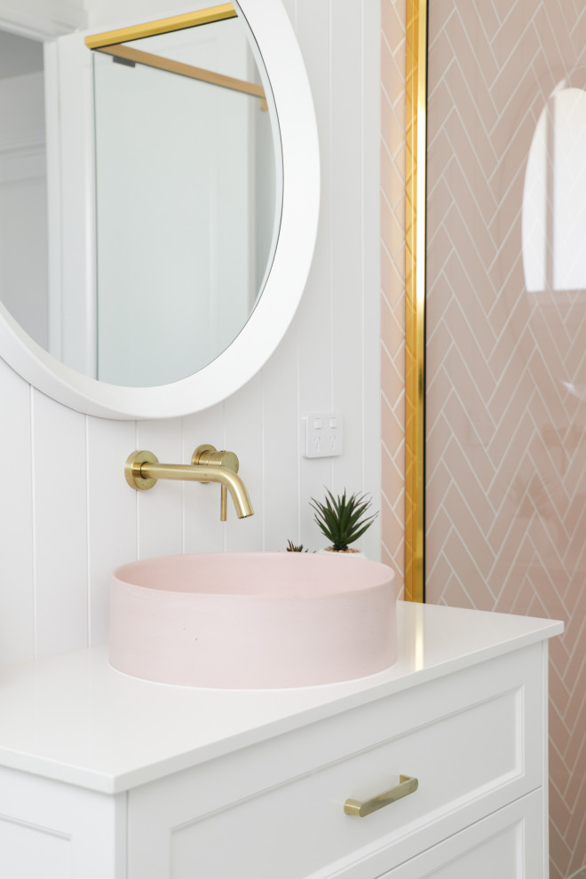 Inspiration for a small beach style master bathroom in Gold Coast - Tweed with pink tile, white walls, a vessel sink, granite benchtops, white benchtops, a single vanity and a floating vanity.