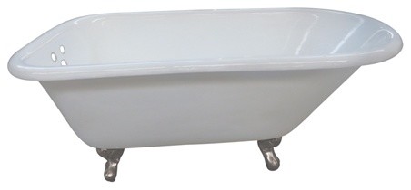 54" Roll Top Clawfoot Tub w/3-3/8" Wall Drillings, White/Brushed Nickel