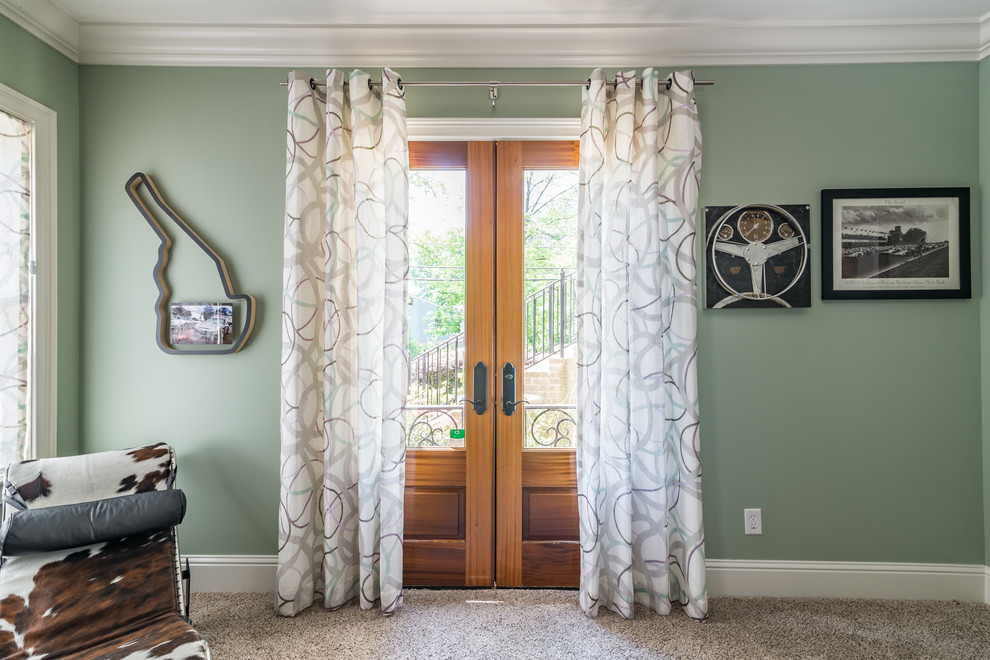 Study room - mid-sized transitional freestanding desk carpeted and beige floor study room idea in Atlanta with multicolored walls