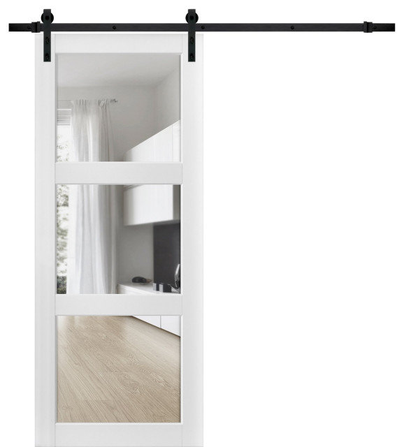 Barn Door Clear Glass 3 Lites, Lucia 2555 Matte White, 6.6FT Rail Kit