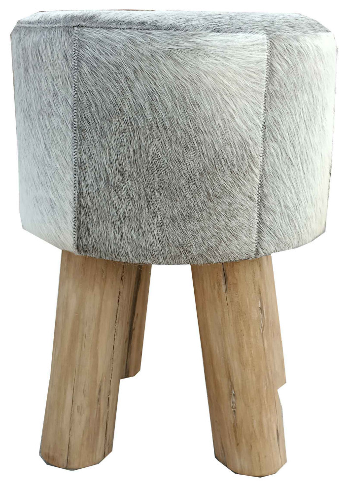 Joni Stool and Pouf, Gray Cowhide Transitional Footstools And