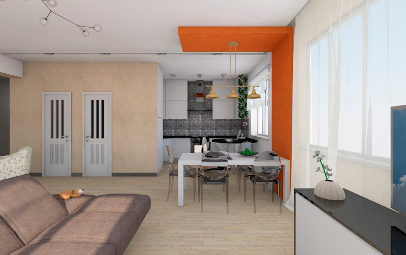 Гостиная-столовая-кухня 40м2 в частном доме