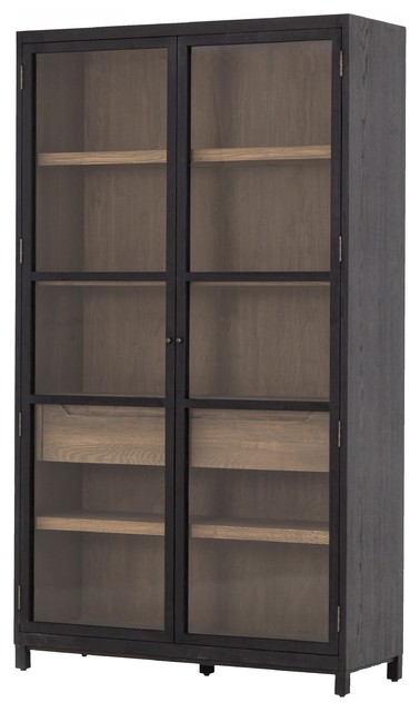 Millie Drifted Black Oak Wood Glass Door Display Cabinet
