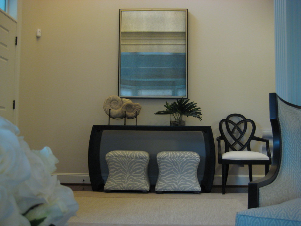 Large transitional medium tone wood floor foyer photo in DC Metro with beige walls