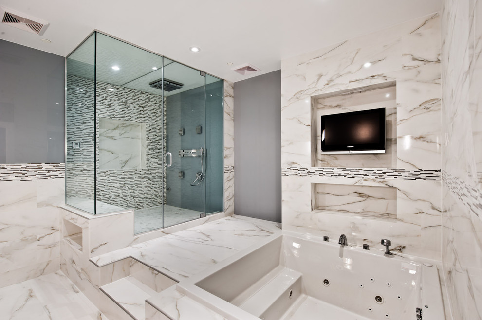 Design ideas for a contemporary bathroom in New York with a hot tub, an alcove shower and white tile.