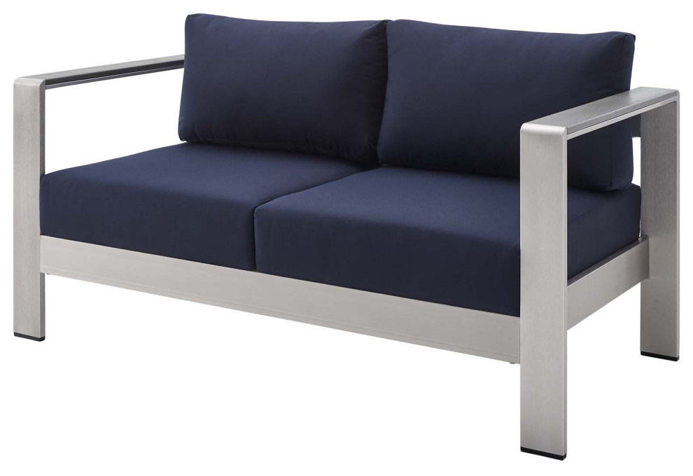Lounge Loveseat Sofa, Sunbrella, Fabric, Aluminum, Silver Gray, Outdoor