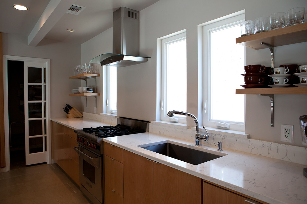 Lake Highlands transitional kitchen makeover into a Contemporary styled space with granite countertops, open modern shelf storage, to compliment the newly installed casement windows, beech cabinets, s