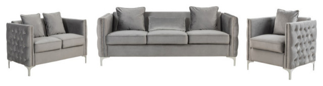 Bayberry Velvet Sofa Loveseat Chair Living Room Set, Gray