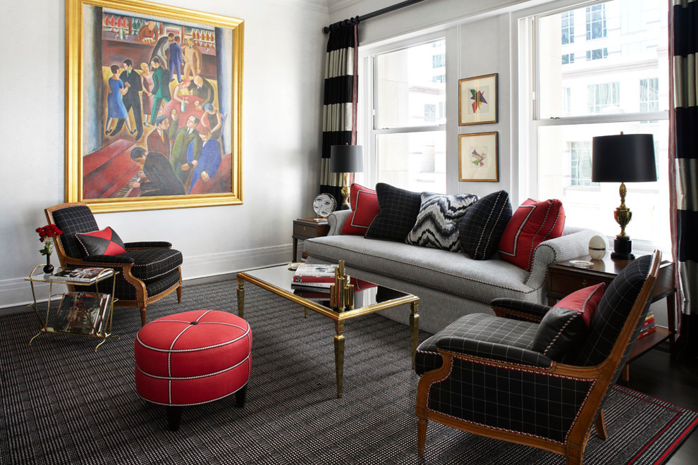 Inspiration for a mid-sized contemporary formal and enclosed dark wood floor and brown floor living room remodel in Chicago with white walls, no tv and no fireplace