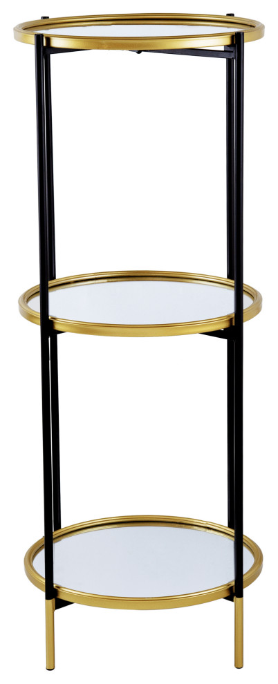 Benzara BM284919 Round 3 Tier Shelf, Metal, Mirrored Glass Shelves, Black, Gold