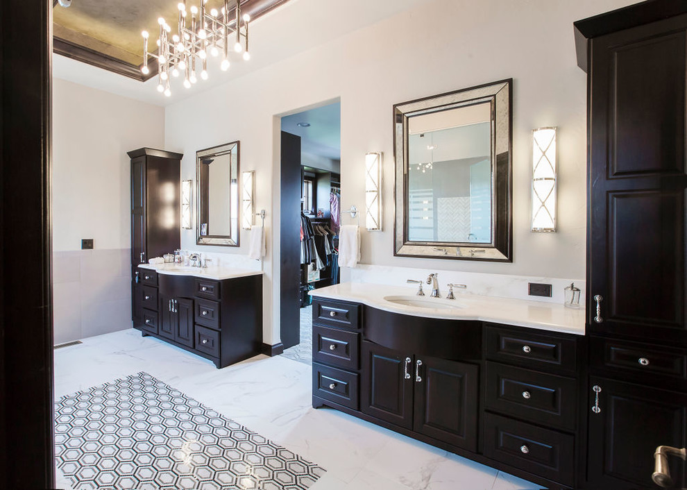 Inspiration for an expansive mediterranean master bathroom in Denver with furniture-like cabinets, black cabinets, white walls, marble floors, a drop-in sink, quartzite benchtops, multi-coloured floor and white benchtops.