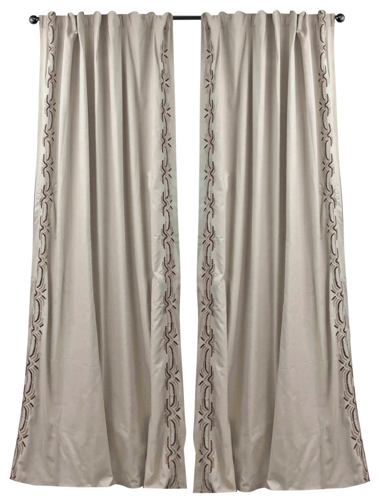 108" Long Zig Zag Embroidery Cotton Curtain Panel, Natural and Brown